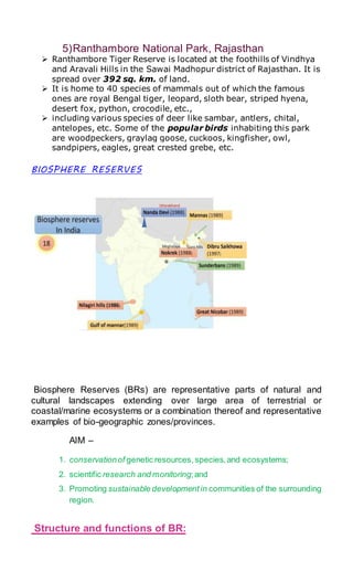 5)Ranthambore National Park, Rajasthan
 Ranthambore Tiger Reserve is located at the foothills of Vindhya
and Aravali Hills in the Sawai Madhopur district of Rajasthan. It is
spread over 392 sq. km. of land.
 It is home to 40 species of mammals out of which the famous
ones are royal Bengal tiger, leopard, sloth bear, striped hyena,
desert fox, python, crocodile, etc.,
 including various species of deer like sambar, antlers, chital,
antelopes, etc. Some of the popular birds inhabiting this park
are woodpeckers, graylag goose, cuckoos, kingfisher, owl,
sandpipers, eagles, great crested grebe, etc.
BIOSPHERE RESERVES
Biosphere Reserves (BRs) are representative parts of natural and
cultural landscapes extending over large area of terrestrial or
coastal/marine ecosystems or a combination thereof and representative
examples of bio-geographic zones/provinces.
AIM –
1. conservationof genetic resources, species,and ecosystems;
2. scientific research and monitoring;and
3. Promoting sustainable developmentin communities of the surrounding
region.
Structure and functions of BR:
 