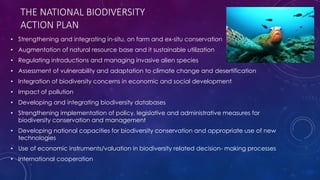 THE NATIONAL BIODIVERSITY
ACTION PLAN
• Strengthening and integrating in-situ, on farm and ex-situ conservation
• Augmentation of natural resource base and it sustainable utilization
• Regulating introductions and managing invasive alien species
• Assessment of vulnerability and adaptation to climate change and desertification
• Integration of biodiversity concerns in economic and social development
• Impact of pollution
• Developing and integrating biodiversity databases
• Strengthening implementation of policy, legislative and administrative measures for
biodiversity conservation and management
• Developing national capacities for biodiversity conservation and appropriate use of new
technologies
• Use of economic instruments/valuation in biodiversity related decision- making processes
• International cooperation
 
