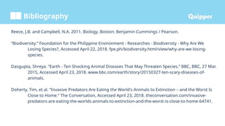 Bibliography
Reece, J.B. and Campbell, N.A. 2011. Biology. Boston: Benjamin Cummings / Pearson.
“Biodiversity.” Foundation for the Philippine Environment - Researches - Biodiversity - Why Are We
Losing Species?, Accessed April 22, 2018. fpe.ph/biodiversity.html/view/why-are-we-losing-
species.
Dasgupta, Shreya. “Earth - Ten Shocking Animal Diseases That May Threaten Species.” BBC, BBC, 27 Mar.
2015, Accessed April 23, 2018. www.bbc.com/earth/story/20150327-ten-scary-diseases-of-
animals.
Doherty, Tim, et al. “Invasive Predators Are Eating the World's Animals to Extinction – and the Worst Is
Close to Home.” The Conversation, Accessed April 23, 2018. theconversation.com/invasive-
predators-are-eating-the-worlds-animals-to-extinction-and-the-worst-is-close-to-home-64741.
 