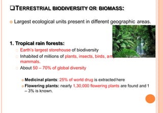 TERRESTRIAL BIODIVERSITY OR BIOMASS:
 Largest ecological units present in different geographic areas.
mphibians and
1. Tropical rain forests:
Earth’s largest storehouse of biodiversity
Inhabited of millions of plants, insects, birds, a
mammals.
About 50 – 70% of global diversity
 Medicinal plants: 25% of world drug is extracted here
 Flowering plants: nearly 1,30,000 flowering plants are found and 1
– 3% is known.
 