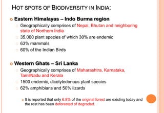 HOT SPOTS OF BIODIVERSITY IN INDIA:
 Eastern Himalayas – Indo Burma region
Geographically comprises of Nepal, Bhutan and neighboring
state of Northern India
35,000 plant species of which 30% are endemic
63% mammals
60% of the Indian Birds
 Western Ghats – Sri Lanka
Geographically comprises of Maharashtra, Karnataka,
TamilNadu and Kerala
1500 endemic, dicotyledonous plant species
62% amphibians and 50% lizards
 It is reported that only 6.8% of the original forest are existing today and
the rest has been deforested of degraded.
 