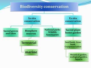 Biodiversity conservation
In situ
conservation
Sacred groves
and lakes
Biosphere
reserves
Terrestrial
marine
National parks
Wildlife
Sanctuaries
Ex situ
conservation
Sacred plant
home garden
Seed bank, Gene
bank,
Cryopreservation
Botanical garden,
zoological garden,
Aquaria
 