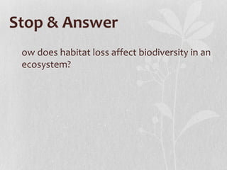 Stop & Answer
 ow does habitat loss affect biodiversity in an
 ecosystem?
 