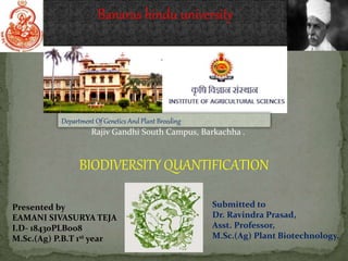 Banaras hindu university
BIODIVERSITY QUANTIFICATION
Department Of Genetics And Plant Breeding
Presented by
EAMANI SIVASURYA TEJA
I.D- 18430PLB008
M.Sc.(Ag) P.B.T 1st year
Submitted to
Dr. Ravindra Prasad,
Asst. Professor,
M.Sc.(Ag) Plant Biotechnology.
Rajiv Gandhi South Campus, Barkachha .
 