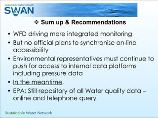 Sum up & Recommendations WFD driving more integrated monitoring  But no official plans to synchronise on-line accessibility Environmental representatives must continue to push for access to internal data platforms including pressure data In the meantime ,  EPA: Still repository of all Water quality data – online and telephone query 