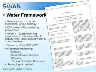 Water Framework Directive New approach to water monitoring: whole ecology  2007 – New WFD Monitoring programme Annex V – 32pgs technical requirements: how to monitor & classify rivers, lakes, groundwater & coastal waters 3 years of data: 2007 –2009 Integrated monitoring: Biological  General Physico-chemical Chemical  Physical / hydrology (flow data) Replacing old systems 
