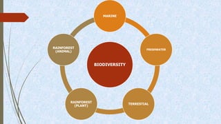 BIODIVERSITY
MARINE
FRESHWATER
TERRESTIAL
RAINFOREST
(PLANT)
RAINFOREST
(ANIMAL)
 