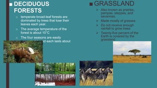 ■ DECIDUOUS
FORESTS
o temperate broad-leaf forests are
dominated by trees that lose their
leaves each year.
o The average temperature of the
forest is about 10°C
o The four seasons are easily
recognizable and each lasts about
3 months.
■ GRASSLAND
 Also known as prairies,
pampas, steppes, and
savannas.
 Made mostly of grasses
 Do not receive enough
rainfall to grow trees
 Twenty-five percent of the
Earth is covered by the
grassland
 