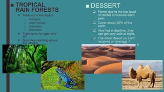 ■ TROPICAL
RAIN FORESTS
 Made up of four layers:
o emergent
o upper canopy
o understory
o forest floor
 Trees grow far apart and
tall
 Branches reaching above
the canopy
■ DESSERT
 Forms due to the low level
of rainfall it receives each
year.
 Cover about 20% of the
earth.
 Very hot at daytime, they
can get very cold at night.
 The driest desert on Earth
receives on average 1
centimeter of rainfall every 5
to 20 years.
 
