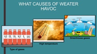 WHAT CAUSES OF WEATER
HAVOC
Greenhouse gases
Type of gases
High temperature
 