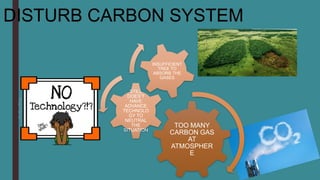 DISTURB CARBON SYSTEM
TOO MANY
CARBON GAS
AT
ATMOSPHER
E
STILL
DOES’T
HAVE
ADVANCE
TECHNOLO
GY TO
NEUTRAL
THE
SITUATION
INSUFFICIENT
TREE TO
ABSORB THE
GASES
 