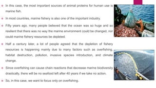  In this case, the most important sources of animal proteins for human use is
marine fish.
 In most countries, marine fishery is also one of the important industry.
 Fifty years ago, many people believed that the ocean was so huge and so
resilient that there was no way the marine environment could be changed, nor
could marine fishery resources be depleted.
 Half a century later, a lot of people agreed that the depletion of fishery
resources is happening mainly due to many factors such as overfishing,
habitat destruction, pollution, invasive species introduction, and climate
change.
 Since overfishing can cause chain reactions that decrease marine biodiversity
drastically, there will be no seafood left after 40 years if we take no action.
 So, in this case, we want to focus only on overfishing.
 