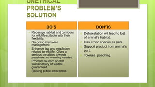 DO’S
 Redesign habitat and corridors
for wildlife suitable with their
flexibility.
 On going improvise
management.
 Enhance law and regulation
related to wildlife. Gives a
serious penalties towards
poachers; no warning needed.
 Promote tourism so that
sustainability of wildlife
guaranteed.
 Raising public awareness
DON’TS
ꓫ Deforestation will lead to lost
of animal’s habitat.
ꓫ Has exotic species as pets
ꓫ Support product from animal’s
part.
ꓫ Tolerate poaching.
 