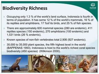 Biodiversity Richness 
› Occupying only 1.3 % of the world’s land surface, Indonesia is fourth in 
terms of population. It has some 12 % of the world’s mammals, 16 % of 
its reptiles and amphibians, 17 %of its birds, and 25 % of fish species. 
› There are approximately 600 mammal species (280 are endemic), 411 
reptiles species (150 endemic), 270 amphibians (100 endemic) and 
1,531 birds (26 % endemic). 
› Known species of non-fish vertebrates total 2,906 (927 endemic). 
› 30,000 to 35,000 plant species, the fifth highest level in the world 
(BAPPENAS 1993). Indonesia is host to the world’s richest coral species 
biodiversity (450 species) (Wilkinson 2000). 
© Hatfield Consultants. All Rights Reserved. 3 
 