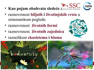 IUCN (International Union for Conservation of Nature)
• Kao pojam obuhvata sledeće :
• raznovrsnost biljnih i životinjskih vrsta u
sistematskom pogledu
• raznovrsnost životnih formi
• raznovrsnost životnih zajednica
• raznolikost ekosistema i bioma
 