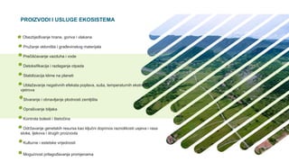 PROIZVODI I USLUGE EKOSISTEMA
Obezbjeđivanje hrane, goriva i vlakana
* Pružanje skloništa i građevinskog materijala
* Prečišćavanje vazduha i vode
* Detoksifikacija i razlaganje otpada
* Stabilizacija klime na planeti
* Ublažavanje negativnih efekata poplava, suša, temperaturnih ekstrema i
vjetrova
* Stvaranje i obnavljanje plodnosti zemljišta
* Oprašivanje biljaka
* Kontrola bolesti i štetočina
* Održavanje genetskih resursa kao ključni doprinos raznolikosti usjeva i rasa
stoke, ljekova i drugih proizvoda
* Kulturne i estetske vrijednosti
* Mogućnost prilagođavanja promjenama
 