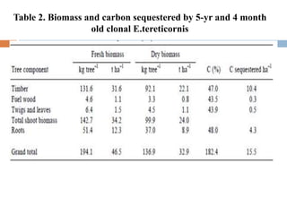 Table 2. Biomass and carbon sequestered by 5-yr and 4 month
old clonal E.tereticornis
 
