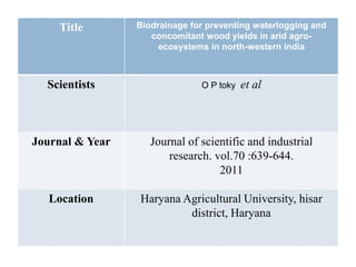 Title Biodrainage for preventing waterlogging and
concomitant wood yields in arid agro-
ecosystems in north-western india
...