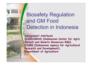 Biosafety Regulation
and GM Food
Detection in Indonesia
Bahagiawati Amirhusin
ICABIOGRAD (Indonesian Center for AgricI ABIOGRAD (Indonesian enter for Agric
Biotech and Genetic Resources R&D)
IAARD (Indonesian Agency for Agricultural
h d l )Research and Development),
Department of Agriculture
 