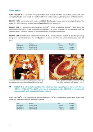 Epoxy Resins
KEP01 BIODUR® E 12 – Standard epoxy resin of medium viscosity for sheet plastination; translucent, firm,
and slightly flexible when cured. Choose from different hardeners to vary the properties of the specimens:
BIODUR® E 12 in combination with hardener BIODUR® E 1: Standard epoxy resin for sheet plastination. The
properties of the hardener produce especially good staining of specimens.
BIODUR® E 12 in combination with hardener BIODUR® E 6 and accelerator BIODUR® E 600: Suited for
plastinated tissue slices to be examined histologically. The cured polymer can be removed from the
specimen with a saturated solution of sodium methylate in anhydrous methanol.
BIODUR® E 12 in combination with hardener BIODUR® E 7 and accelerator BIODUR® E 700: For producing
thin-ground section specimens. The cured polymer becomes very firm and cannot be separated from the
glass.
Item #
KEP01A5.0
KEP01A10.0
KEP01A30.0

Product
BIODUR® E 12
BIODUR® E 12
BIODUR® E 12

Section of a transparent body slice, a longitudinal section of
the right the upper body, plastinated with BIODUR® E 12/E 1

Unit
1 bucket
1 bucket
1 hobbock

Quantity
5.0 kg
10.0 kg
30.0 kg

Section of a transparent body slice at the level of
the kidney, plastinated with BIODUR® E 12/E 1

BIODUR® E 12 will partially crystallize after only a few days, especially when stored cool. Heat to
+50°C to +70°C (+120°F to +160°F) before use. It is advisable to order BIODUR® E 12 in buckets of a
size compatible with the available heating cabinets.
KEP02 BIODUR® E 13 in combination with hardener BIODUR® E 8: Epoxy resin system with a very long
processing time and a reduced tendency to yellow.
Item #
KEP02A5.0
KEP02A10.0
KEP02A30.0

12

Product
BIODUR® E 13
BIODUR® E 13
BIODUR® E 13

Unit
1 bucket
1 bucket
1 hobbock

Quantity
5.00 kg
10.0 kg
30.0 kg

 