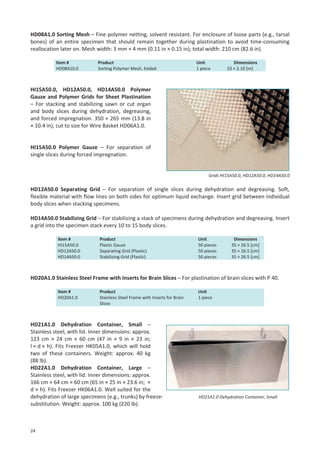 HD08A1.0 Sorting Mesh – Fine polymer netting, solvent resistant. For enclosure of loose parts (e.g., tarsal
bones) of an entire specimen that should remain together during plastination to avoid time-consuming
reallocation later on. Mesh width: 3 mm × 4 mm (0.11 in × 0.15 in); total width: 210 cm (82.6 in).
Item #
HD08A10.0

Product
Sorting Polymer Mesh, folded

Unit
1 piece

Dimensions
10 × 2.10 [m]

HI15A50.0, HD12A50.0, HD14A50.0 Polymer
Gauze and Polymer Grids for Sheet Plastination
– For stacking and stabilizing sawn or cut organ
and body slices during dehydration, degreasing,
and forced impregnation. 350 × 265 mm (13.8 in
× 10.4 in), cut to size for Wire Basket HD06A1.0.

HI15A50.0 Polymer Gauze – For separation of
single slices during forced impregnation.

Grids HI15A50.0, HD12A50.0, HD14A50.0

HD12A50.0 Separating Grid – For separation of single slices during dehydration and degreasing. Soft,
flexible material with flow lines on both sides for optimum liquid exchange. Insert grid between individual
body slices when stacking specimens.
HD14A50.0 Stabilizing Grid – For stabilizing a stack of specimens during dehydration and degreasing. Insert
a grid into the specimen stack every 10 to 15 body slices.
Item #
HI15A50.0
HD12A50.0
HD14A50.0

Product
Plastic Gauze
Separating Grid (Plastic)
Stabilizing Grid (Plastic)

Unit
50 pieces
50 pieces
50 pieces

Dimensions
35 × 26.5 [cm]
35 × 26.5 [cm]
35 × 26.5 [cm]

HD20A1.0 Stainless Steel Frame with Inserts for Brain Slices – For plastination of brain slices with P 40.
Item #
HD20A1.0

Product
Stainless Steel Frame with Inserts for Brain
Slices

HD21A1.0 Dehydration Container, Small –
Stainless steel, with lid. Inner dimensions: approx.
123 cm × 24 cm × 60 cm (47 in × 9 in × 23 in;
l × d × h). Fits Freezer HK05A1.0, which will hold
two of these containers. Weight: approx. 40 kg
(88 lb).
HD22A1.0 Dehydration Container, Large –
Stainless steel, with lid. Inner dimensions: approx.
166 cm × 64 cm × 60 cm (65 in × 25 in × 23.6 in; ×
d × h). Fits Freezer HK06A1.0. Well suited for the
dehydration of large specimens (e.g., trunks) by freezesubstitution. Weight: approx. 100 kg (220 lb).

24

Unit
1 piece

HD21A1.0 Dehydration Container, Small

 