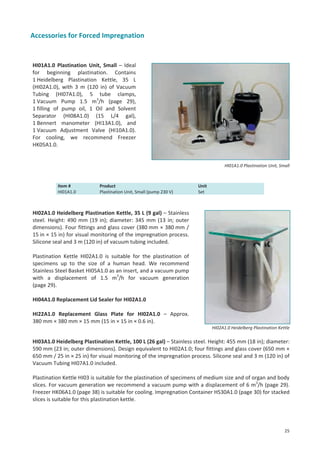 Accessories for Forced Impregnation

HI01A1.0 Plastination Unit, Small – Ideal
for beginning plastination. Contains
1 Heidelberg Plastination Kettle, 35 L
(HI02A1.0), with 3 m (120 in) of Vacuum
Tubing (HI07A1.0), 5 tube clamps,
1 Vacuum Pump 1.5 m3/h (page 29),
1 filling of pump oil, 1 Oil and Solvent
Separator (HI08A1.0) (15 L/4 gal),
1 Bennert manometer (HI13A1.0), and
1 Vacuum Adjustment Valve (HI10A1.0).
For cooling, we recommend Freezer
HK05A1.0.

HI01A1.0 Plastination Unit, Small

Item #
HI01A1.0

Product
Plastination Unit, Small (pump 230 V)

Unit
Set

HI02A1.0 Heidelberg Plastination Kettle, 35 L (9 gal) – Stainless
steel. Height: 490 mm (19 in); diameter: 345 mm (13 in; outer
dimensions). Four fittings and glass cover (380 mm × 380 mm /
15 in × 15 in) for visual monitoring of the impregnation process.
Silicone seal and 3 m (120 in) of vacuum tubing included.
Plastination Kettle HI02A1.0 is suitable for the plastination of
specimens up to the size of a human head. We recommend
Stainless Steel Basket HI05A1.0 as an insert, and a vacuum pump
with a displacement of 1.5 m3/h for vacuum generation
(page 29).
HI04A1.0 Replacement Lid Sealer for HI02A1.0
HI22A1.0 Replacement Glass Plate for HI02A1.0 – Approx.
380 mm × 380 mm × 15 mm (15 in × 15 in × 0.6 in).
HI02A1.0 Heidelberg Plastination Kettle

HI03A1.0 Heidelberg Plastination Kettle, 100 L (26 gal) – Stainless steel. Height: 455 mm (18 in); diameter:
590 mm (23 in; outer dimensions). Design equivalent to HI02A1.0; four fittings and glass cover (650 mm ×
650 mm / 25 in × 25 in) for visual monitoring of the impregnation process. Silicone seal and 3 m (120 in) of
Vacuum Tubing HI07A1.0 included.
Plastination Kettle HI03 is suitable for the plastination of specimens of medium size and of organ and body
slices. For vacuum generation we recommend a vacuum pump with a displacement of 6 m3/h (page 29).
Freezer HK06A1.0 (page 38) is suitable for cooling. Impregnation Container HS30A1.0 (page 30) for stacked
slices is suitable for this plastination kettle.

25

 