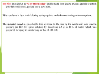 BD 501: also known as “Cow Horn Silica” and is made from quartz crystals ground to album
powder consistency, packed into a cow horn.
This cow horn is then buried during spring equinox and taken out during autumn equinox.
The material stored in glass bottle then exposed to the sun by the windowsill was used to
prepare the BD 501 spray solution by dissolving 2.5 g in 40 L of water, which was
prepared for spray in similar way as that of BD 500.
 