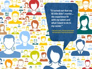 “It turned out that my
BI title didn’t matter…
the experience fit
with my talent and
what I want to do in
my career.”
– Christine Davis, VTI Day project lead
and Specialist, Trial Documentation

 