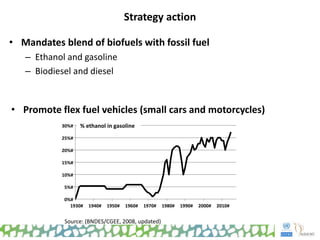 Strategy action
• Mandates blend of biofuels with fossil fuel
– Ethanol and gasoline
– Biodiesel and diesel
• Promote flex fuel vehicles (small cars and motorcycles)
0%#
5%#
10%#
15%#
20%#
25%#
30%#
1930# 1940# 1950# 1960# 1970# 1980# 1990# 2000# 2010#
% ethanol in gasoline
Source: (BNDES/CGEE, 2008, updated)
 