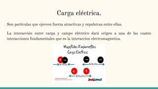 Carga eléctrica.
Son partículas que ejercen fuerza atractivas y repulsivas entre ellas.
La interacción entre carga y campo eléctrico dará origen a una de las cuatro
interacciones fundamentales que es la interaccion electromagnetica.
 