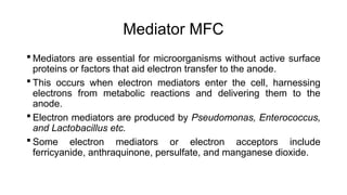 Mediator MFC
 Mediators are essential for microorganisms without active surface
proteins or factors that aid electron transfer to the anode.
 This occurs when electron mediators enter the cell, harnessing
electrons from metabolic reactions and delivering them to the
anode.
 Electron mediators are produced by Pseudomonas, Enterococcus,
and Lactobacillus etc.
 Some electron mediators or electron acceptors include
ferricyanide, anthraquinone, persulfate, and manganese dioxide.
 