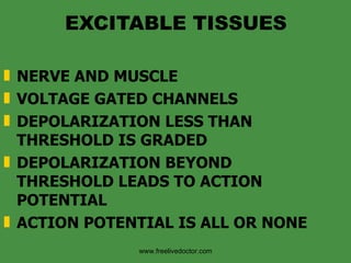 EXCITABLE TISSUES NERVE AND MUSCLE VOLTAGE GATED CHANNELS DEPOLARIZATION LESS THAN THRESHOLD IS GRADED DEPOLARIZATION BEYOND THRESHOLD LEADS TO ACTION POTENTIAL ACTION POTENTIAL IS ALL OR NONE www.freelivedoctor.com 
