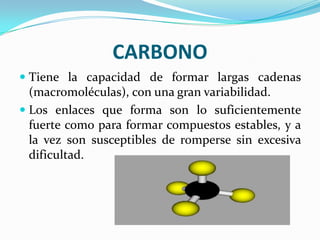 CARBONO
 Tiene la capacidad de formar largas cadenas
(macromoléculas), con una gran variabilidad.
 Los enlaces que forma son lo suficientemente
fuerte como para formar compuestos estables, y a

la vez son susceptibles de romperse sin excesiva
dificultad.

 