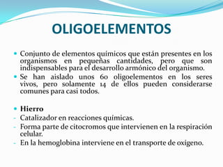 OLIGOELEMENTOS
 Conjunto de elementos químicos que están presentes en los

organismos en pequeñas cantidades, pero que son
indispensables para el desarrollo armónico del organismo.
 Se han aislado unos 60 oligoelementos en los seres
vivos, pero solamente 14 de ellos pueden considerarse
comunes para casi todos.
 Hierro
- Catalizador en reacciones químicas.
- Forma parte de citocromos que intervienen en la respiración

celular.
- En la hemoglobina interviene en el transporte de oxígeno.

 