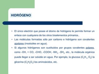 HIDRÓGENO
• El único electrón que posee el átomo de hidrógeno le permite formar un
enlace con cualquiera de los otros bioelementos primarios..
• Las moléculas formadas sólo por carbono e hidrógeno son covalentes
apolares (insolubles en agua).
• Si algunos hidrógenos son sustituidos por grupos covalentes polares,
como -OH, = CO, -CHO, -COOH, -NH2
, -SH2
, etc., la molécula orgánica
puede llegar a ser soluble en agua. Por ejemplo, la glucosa (C6
H12
O6
) la
glicerina (C3
H8
O3
) los aminoácidos, etc.
 