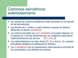  Los atomos de carbono asimétricos están presentes en la mayoría
de las biomoléculas
 Los átomos de C unidos a cuatro átomos o grupos de átomos
diferentes se llaman asimétricos
 Los enlaces formados por un C asimétrico se pueden disponer en
el espacio de 2 formas diferentes que son imágenes especulares
(estereoisómeros) una de otra (D, L ó R, S)
 Los estereoisómeros son tipo dextro (D, R) o levo (L, S) y poseen
actividades biológicas completamente distintas.
 Los C asimétricos son la característica estereoquímica principal de
los aminoácidos y los hidratos de carbono
Carbonos asimétricos:
estereoisomería
 