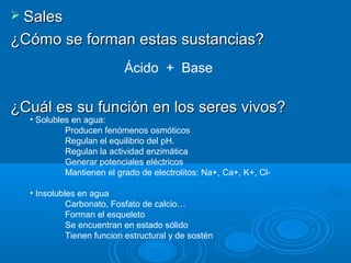  Sales

¿Cómo se forman estas sustancias?
                          Ácido + Base

¿Cuál es su función en los seres vivos?
  • Solubles en agua:
           Producen fenómenos osmóticos
           Regulan el equilibrio del pH.
           Regulan la actividad enzimática
           Generar potenciales eléctricos
           Mantienen el grado de electrolitos: Na+, Ca+, K+, Cl-

  • Insolubles en agua
            Carbonato, Fosfato de calcio…
            Forman el esqueleto
            Se encuentran en estado sólido
            Tienen funcion estructural y de sostén
 
