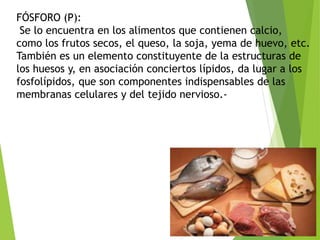 FÓSFORO (P):
Se lo encuentra en los alimentos que contienen calcio,
como los frutos secos, el queso, la soja, yema de huevo, etc.
También es un elemento constituyente de la estructuras de
los huesos y, en asociación conciertos lípidos, da lugar a los
fosfolípidos, que son componentes indispensables de las
membranas celulares y del tejido nervioso.-
 