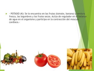  - POTASIO (K): Se lo encuentra en las frutas (tomate, banana) y verdura
fresca, las legumbres y los frutos secos. Actúa de regulador en el balance
de agua en el organismo y participa en la contracción del músculo
cardíaco.-
 