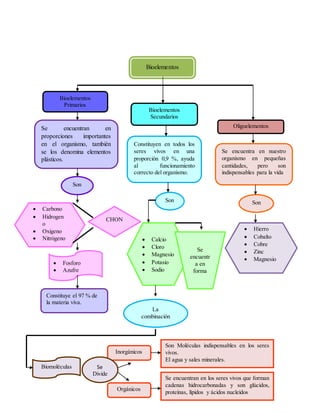 Bioelementos
Primarios
Oligoelementos
Bioelementos
Secundarios
Se encuentran en
proporciones importantes
en el organismo, también
se los denomina elementos
plásticos.
Se encuentra en nuestro
organismo en pequeñas
cantidades, pero son
indispensables para la vida
Constituyen en todos los
seres vivos en una
proporción 0,9 %, ayuda
al funcionamiento
correcto del organismo.
Hierro
Cobalto
Cobre
Zinc
Magnesio
Son
Son
Carbono
Hidrogen
o
Oxigeno
Nitrógeno
Fosforo
Azufre
CHON
Constituye el 97 % de
la materia viva.
Son
Calcio
Cloro
Magnesio
Potasio
Sodio
Se
encuentr
a en
forma
iónica
La
combinación
origina
Biomoléculas
Inorgánicos
Orgánicos
Son Moléculas indispensables en los seres
vivos.
El agua y sales minerales.
Se encuentran en los seres vivos que forman
cadenas hidrocarbonadas y son glúcidos,
proteínas, lípidos y ácidos nucleídos
Se
Divide
Bioelementos