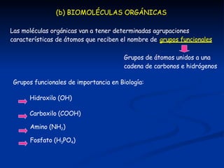 (b) BIOMOLÉCULAS ORGÁNICAS
Las moléculas orgánicas van a tener determinadas agrupaciones
características de átomos que rec...