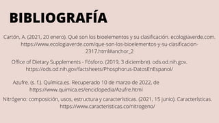 BIBLIOGRAFÍA
Azufre. (s. f.). Química.es. Recuperado 10 de marzo de 2022, de
https://www.quimica.es/enciclopedia/Azufre.html
Cartón, A. (2021, 20 enero). Qué son los bioelementos y su clasificación. ecologiaverde.com.
https://www.ecologiaverde.com/que-son-los-bioelementos-y-su-clasificacion-
2317.html#anchor_2
Nitrógeno: composición, usos, estructura y características. (2021, 15 junio). Características.
https://www.caracteristicas.co/nitrogeno/
Office of Dietary Supplements - Fósforo. (2019, 3 diciembre). ods.od.nih.gov.
https://ods.od.nih.gov/factsheets/Phosphorus-DatosEnEspanol/
 