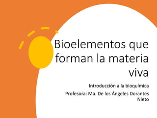 Bioelementos que
forman la materia
viva
Introducción a la bioquímica
Profesora: Ma. De los Ángeles Dorantes
Nieto
 