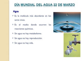 Agua
 Es la molécula más abundante en los

  seres vivos.
 Es    el   medio   donde   ocurren   las
  reacciones químicas.
 Sin agua no hay metabolismo.

 Sin agua no hay reproducción.

 Sin agua no hay vida.
 