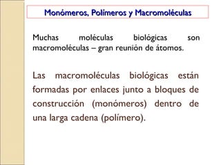 Monómeros, Polímeros y Macromoléculas Muchas moléculas biológicas son macromoléculas – gran reunión de átomos. Las macromoléculas biológicas están formadas por enlaces junto a bloques de construcción (monómeros) dentro de una larga cadena (polímero). 