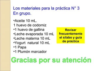 Aceite 10 mL. 1 huevo de codorniz 1 huevo de gallina Leche evaporada 10 mL Leche materna 10 mL Yogurt  natural 10 mL 1 Papa 1 Plumón marcador Los materiales para la práctica N° 3 En grupo. Revisar frecuentemente el sílabo y guía de práctica 