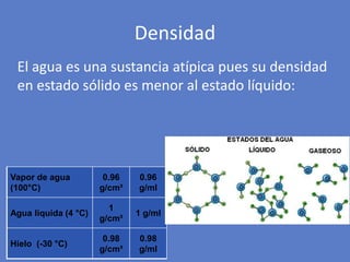 El agua es una sustancia atípica pues su densidad
en estado sólido es menor al estado líquido:
Densidad
Vapor de agua
(100°C)
0.96
g/cm³
0.96
g/ml
Agua liquida (4 °C)
1
g/cm³
1 g/ml
Hielo (-30 °C)
0.98
g/cm³
0.98
g/ml
 