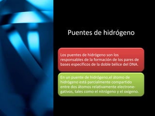 Puentes de hidrógeno
Los puentes de hidrógeno son los
responsables de la formación de los pares de
bases específicos de la doble bélice del DNA.
En un puente de hidrógeno,el átomo de
hidrógeno está parcialmente compartido
entre dos átomos relativamente electrone-
gativos, tales como el nitrógeno y el oxígeno.
 