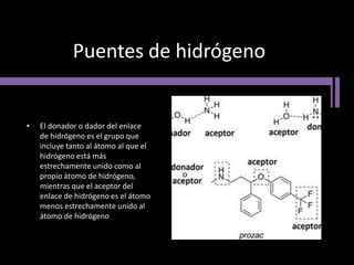 Puentes de hidrógeno
• El donador o dador del enlace
de hidrógeno es el grupo que
incluye tanto al átomo al que el
hidrógeno está más
estrechamente unido como al
propio átomo de hidrógeno,
mientras que el aceptor del
enlace de hidrógeno es el átomo
menos estrechamente unido al
átomo de hidrógeno
 