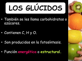 • También se les llama carbohidratos o
azúcares.
• Contienen C, H y O.
• Son producidos en la fotosíntesis.
• Función energética o estructural.
LOS GLÚCIDOS
 